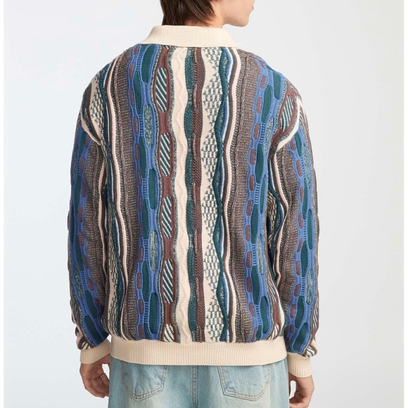 Retro ecru and blue mixed knit polo sweater NWT - Picture 2 of 11